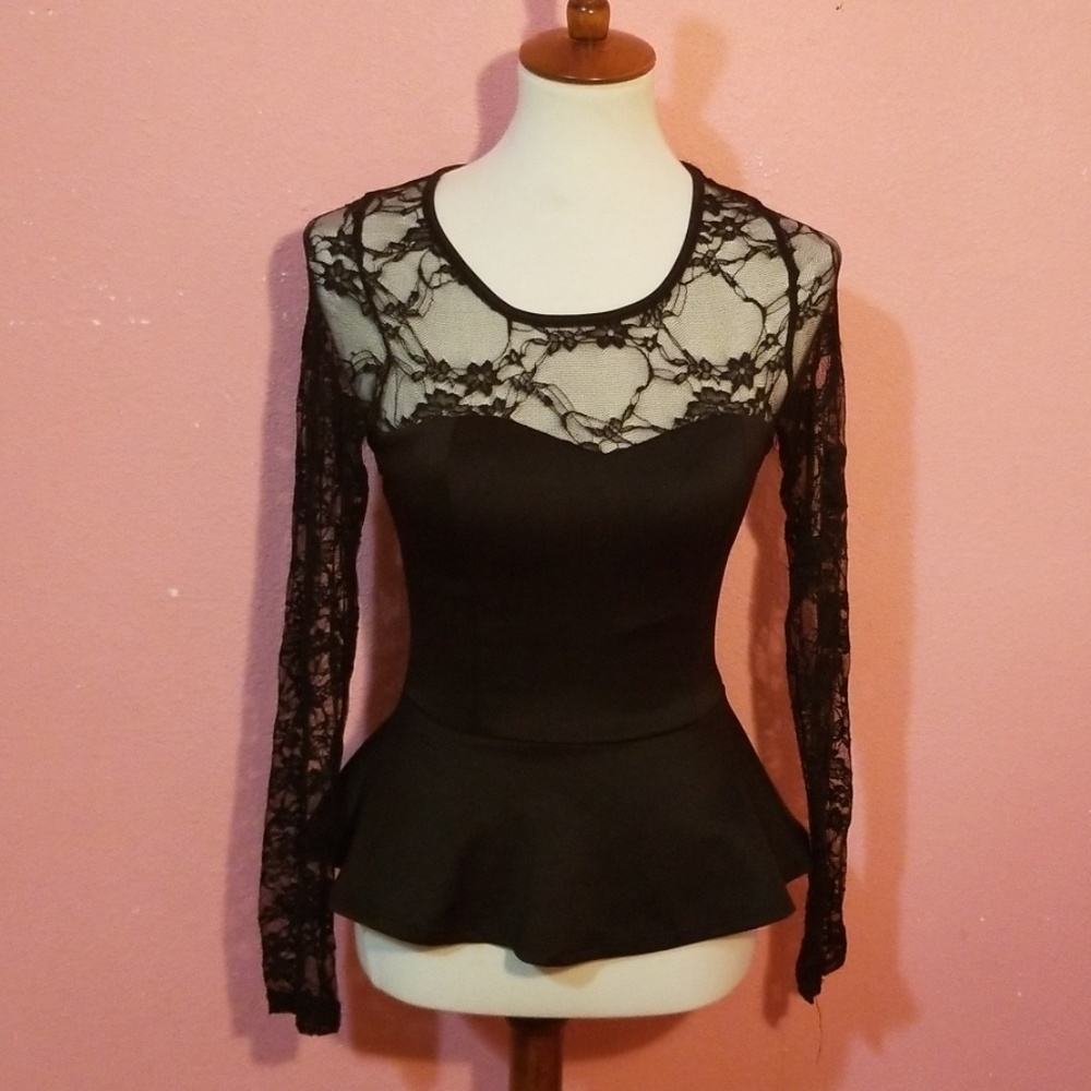 Pinup Junior Black Lace Cutout Goth Peplum Top S